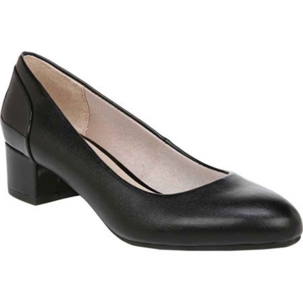 LifeStride Erica Black Round Toe Block Heel Pumps, Faux Leather, Size 8.5W